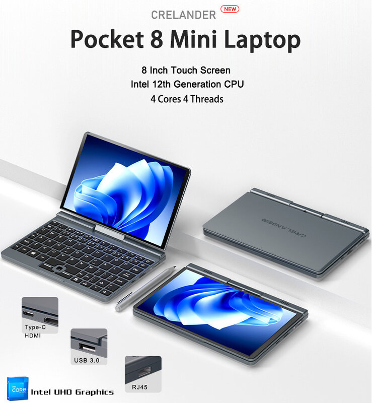 Crelander P8 8 pouces Mini ordinateur portable écran tactile 360 degrés rotation Intel Alder N100 12gb wifi6 ordinateur portable tablette ordinateur portable