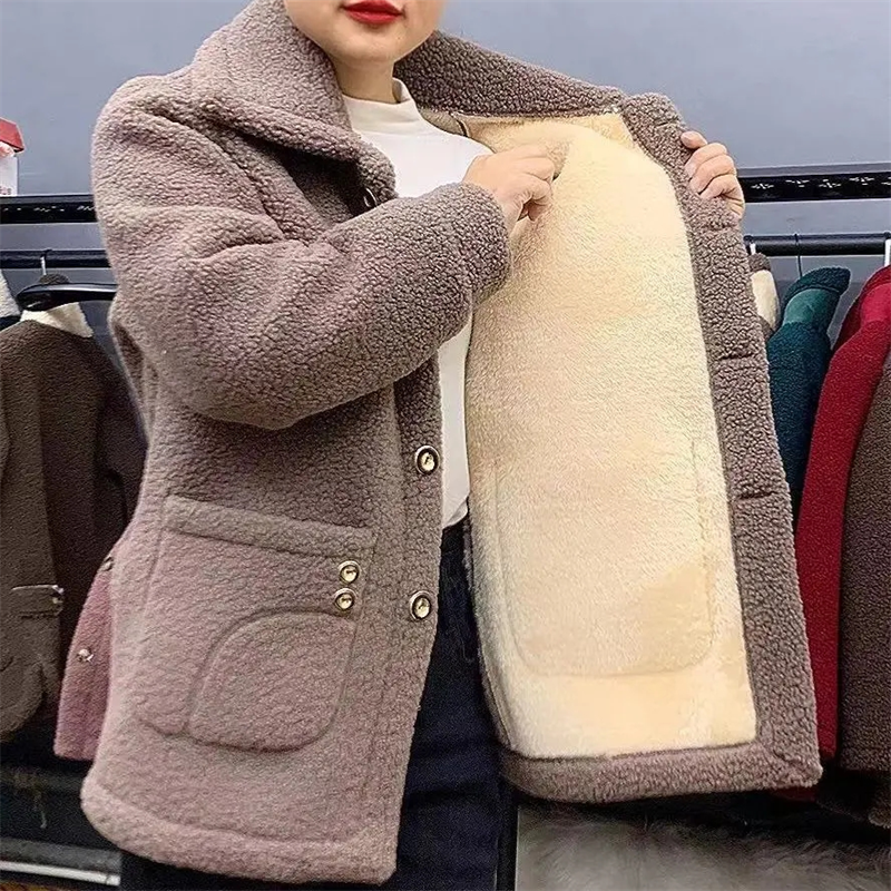 2022 New Winter Jacket Plus Velvet Thick Warm Coat Women Lamb Fur Coat Mid-Long Lady's Grain Velvet Loose Coat Female Jacket