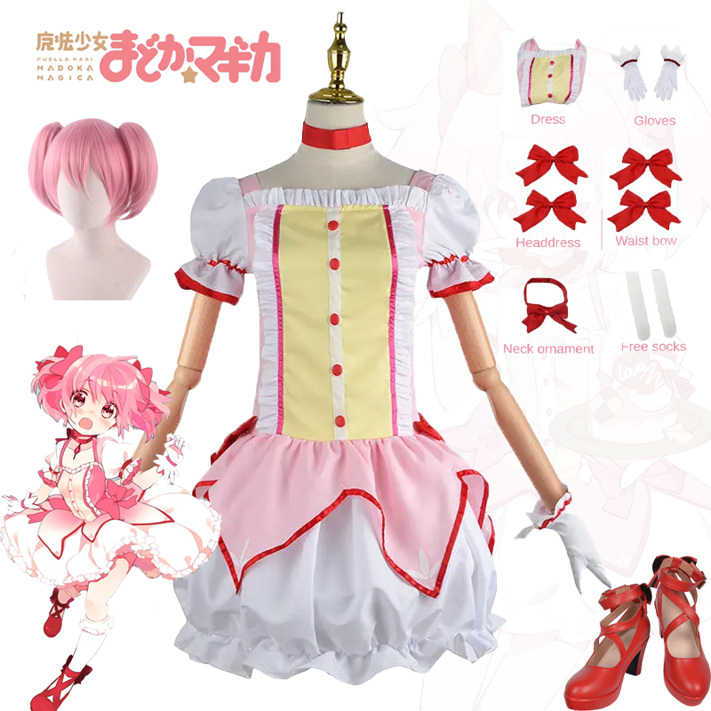 Puella magi madoka magica kaname madoka cosplay kostüm rosa lolita kleid perücke schuhe uniform anzug halloween party für mädchen outfit
