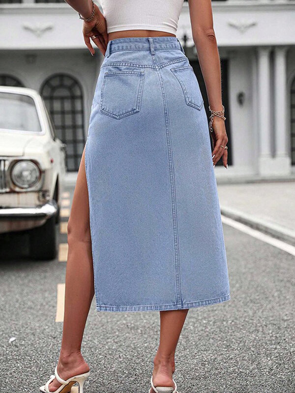 Benuynffy-Saias compridas sexy jeans de alta divisão feminina, saias jeans retas, bolsos de cintura alta, streetwear casual, moda verão, 2024