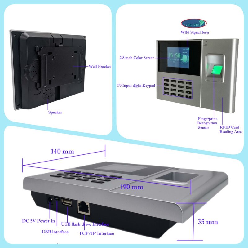 WiFi 2000mAh Bateria Opção Tempo de Impressão Digital e Atendimento Sistema Máquina Cartão Empregado Eletrônico Time Clock Management System
