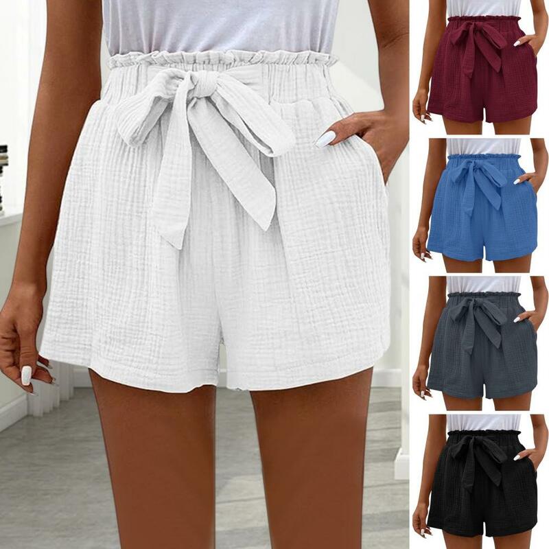 Mini shorts de cintura plissada com elástico feminino, design de gravata, linha A com camisas, alça com cordões, bolsos laterais, arco para clube