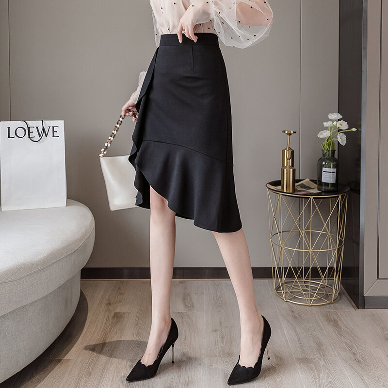 Ladies Elegant Medium Long Black Skirt Women Clothes Girls Ruffle Edge Asymmetry Cute Skirts Chic Casual Clothing Py3635A