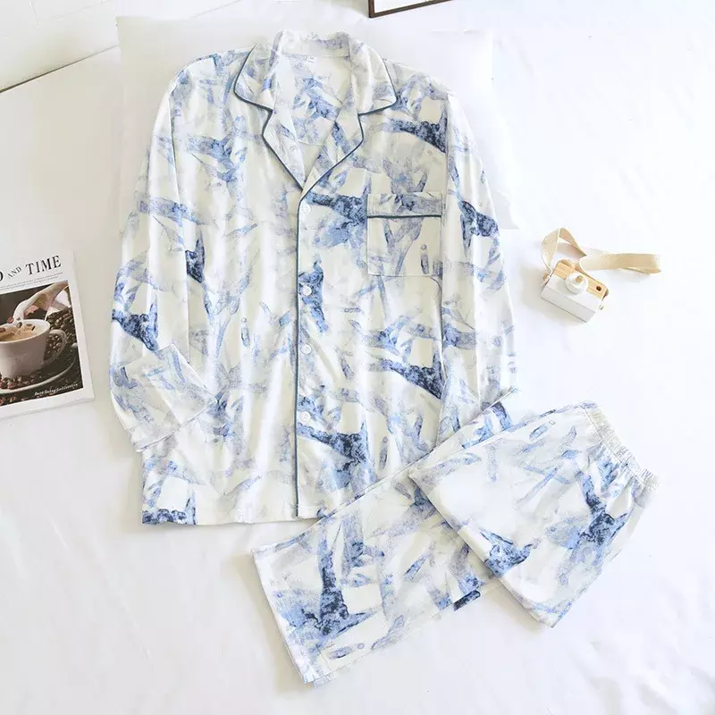 Pijamas de punto para hombre y mujer, ropa de dormir de manga larga con cuello vuelto, 100% algodón, 2 piezas, Otoño e Invierno