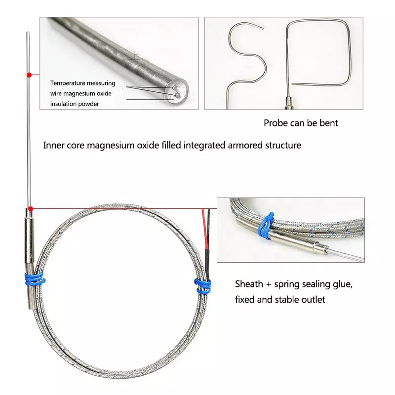 K-Type Thermocouple Sensor with High Temperature Stainless Steel Pointed Insertion Probe 500℃ with Stainless Steel Braided Cable