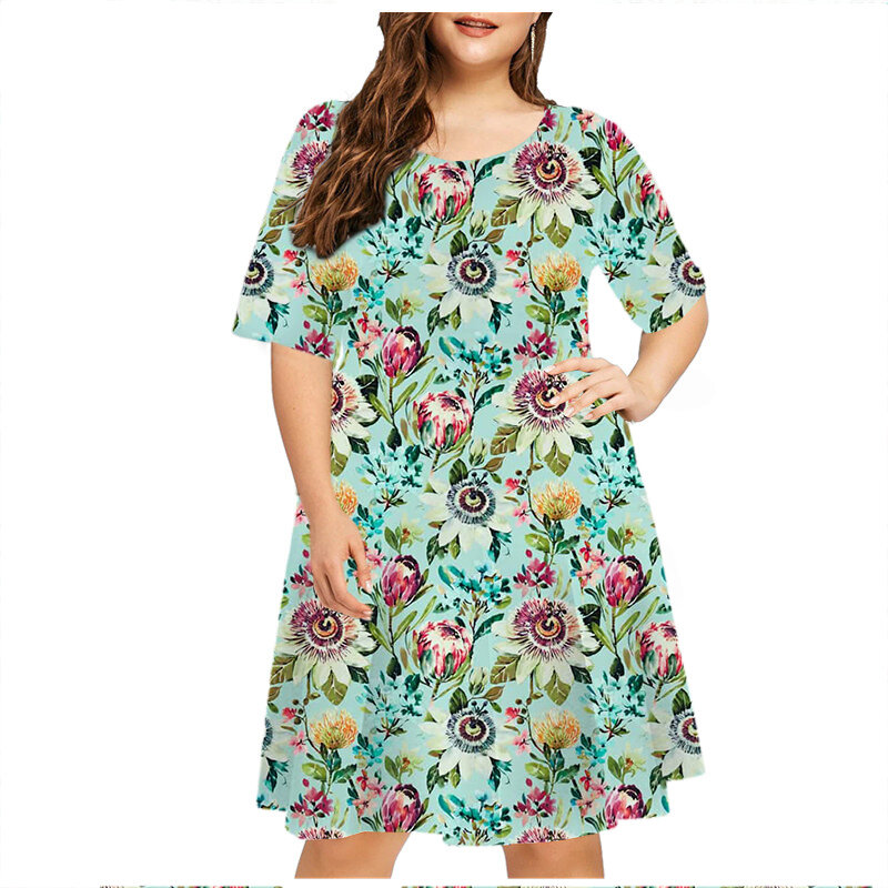 Summer Women Dress Vintage Floral Print Short Sleeve Loose Mini Dress Casual Plus Size Ladies Dress 6XL Female Clothing Sundress