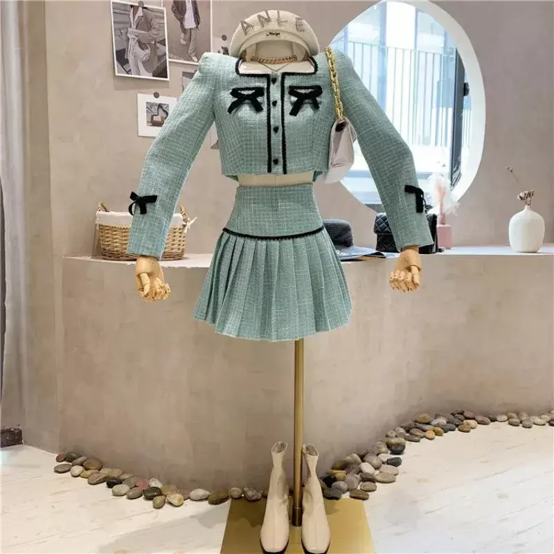 2024New High Quality Square Neck Fall Winter Tweed Two Piece Set Women Sweet Bowknot Crop Top Coat+ Mini Pleated Skirt  Ensemble
