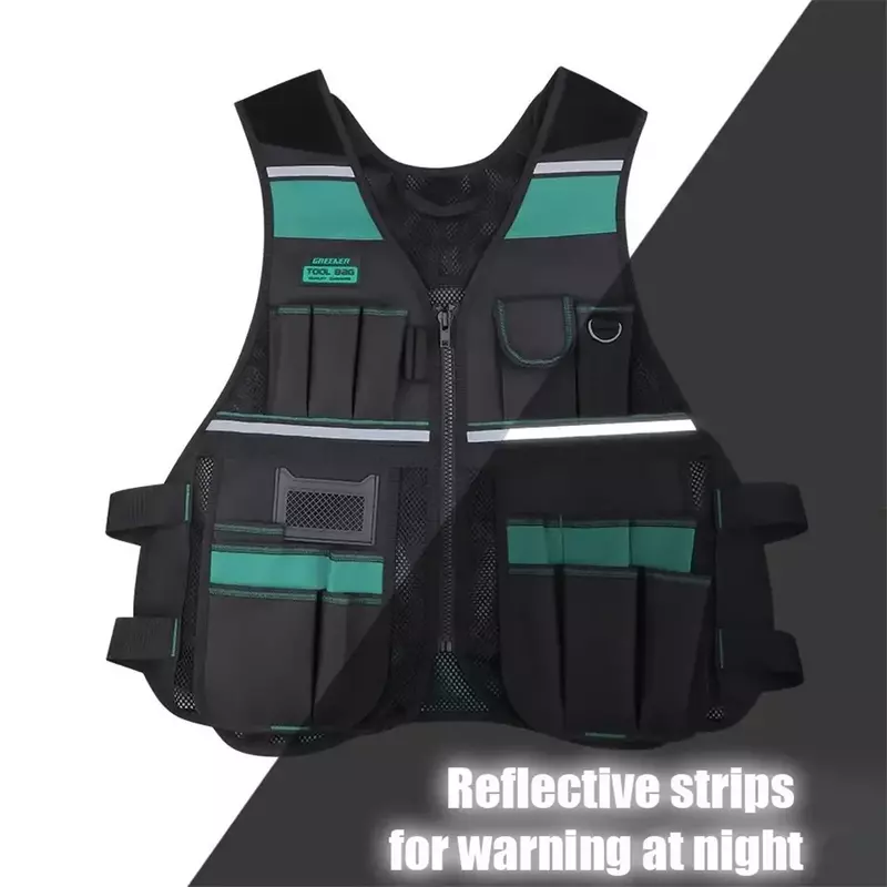 Multi-bolso Tool Vest com tiras reflexivas, Greener Tool Pouch, Organizador ajustável para eletricista, carpinteiros, respirável