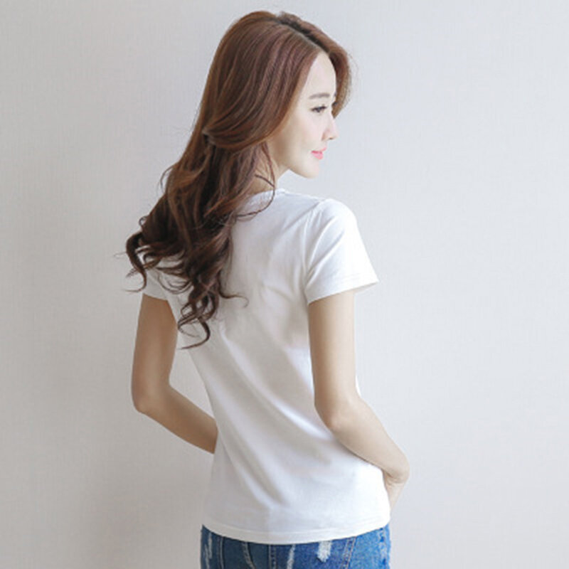 Camisetas manga corta para cortas de mujer, blusa informal de cuello redondo, Color sólido, negro/blanco, 2024