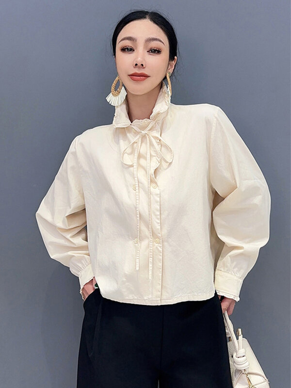 Shengpalae-Camisa feminina de gola comprida, curta, solta, moda, elegante, fofo, redução de idade, versátil, novo, primavera, 2024, 5R9567