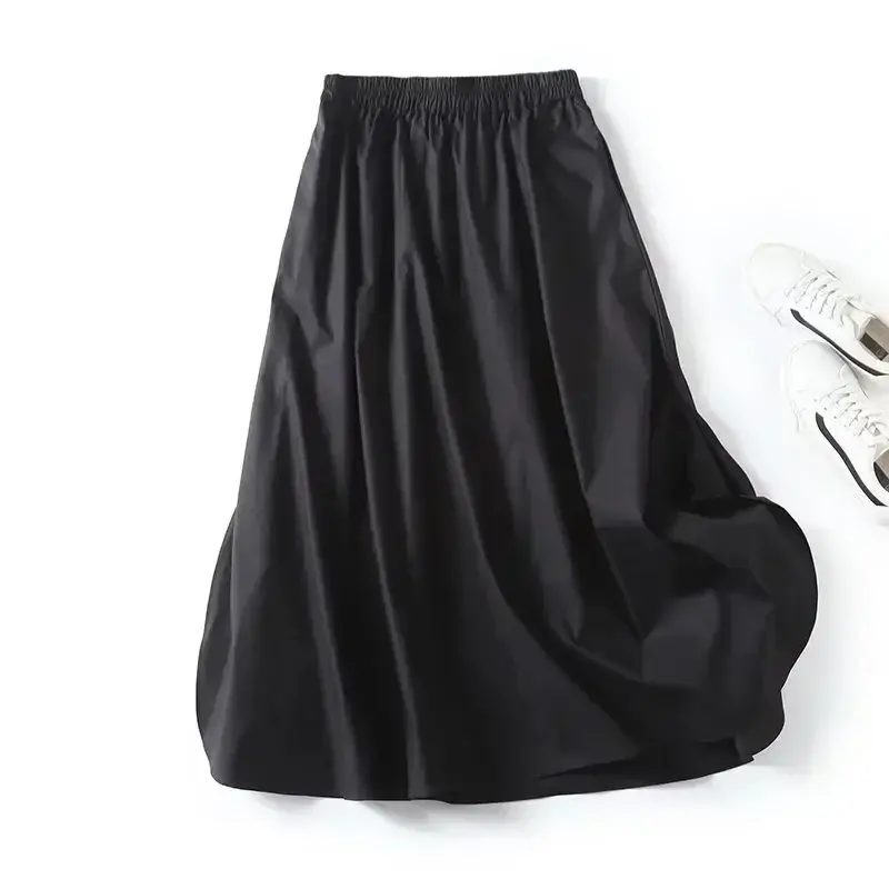 Damen schicke Mode neue lässige schwarze lose grundlegende lange Rock Retro hohe Taille elastische Taille Rock Mujer