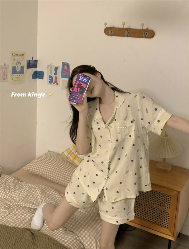 Set piyama lucu baru wanita musim panas 2024 kardigan lengan pendek motif Polka Dot kecil manis Set pakaian panjang gaya Jepang Motif