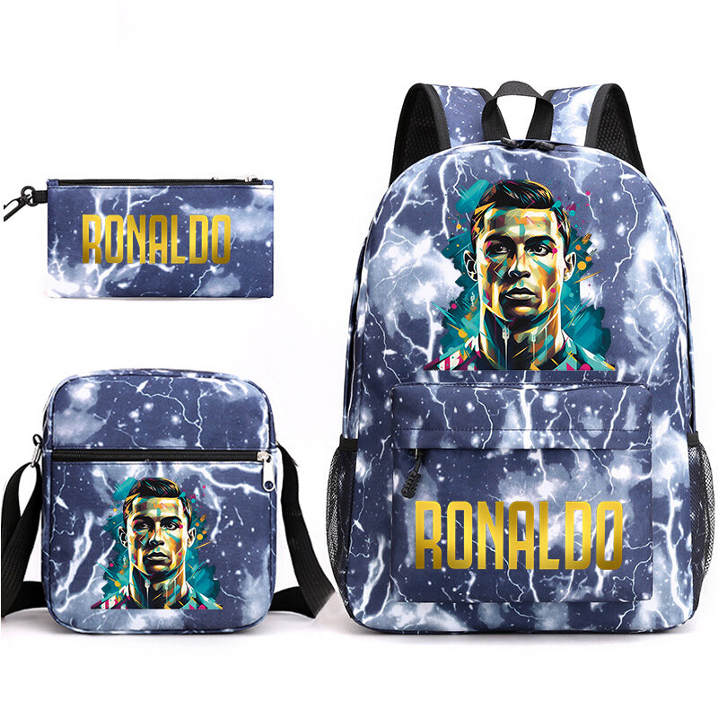 Bolso escolar con estampado de Ronaldo para estudiantes, mochila informal para niños, bolso para bolígrafos, bolso de hombro, conjunto de 3 piezas