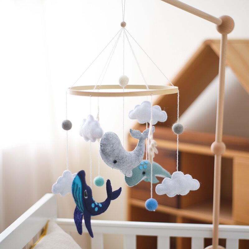 Baby Wooden Bed Bell Cartoon Ocean Animals Pendant Musical Baby Hanging Toy Crib Mobile Wood Toy Holder Bracket Infant Gift