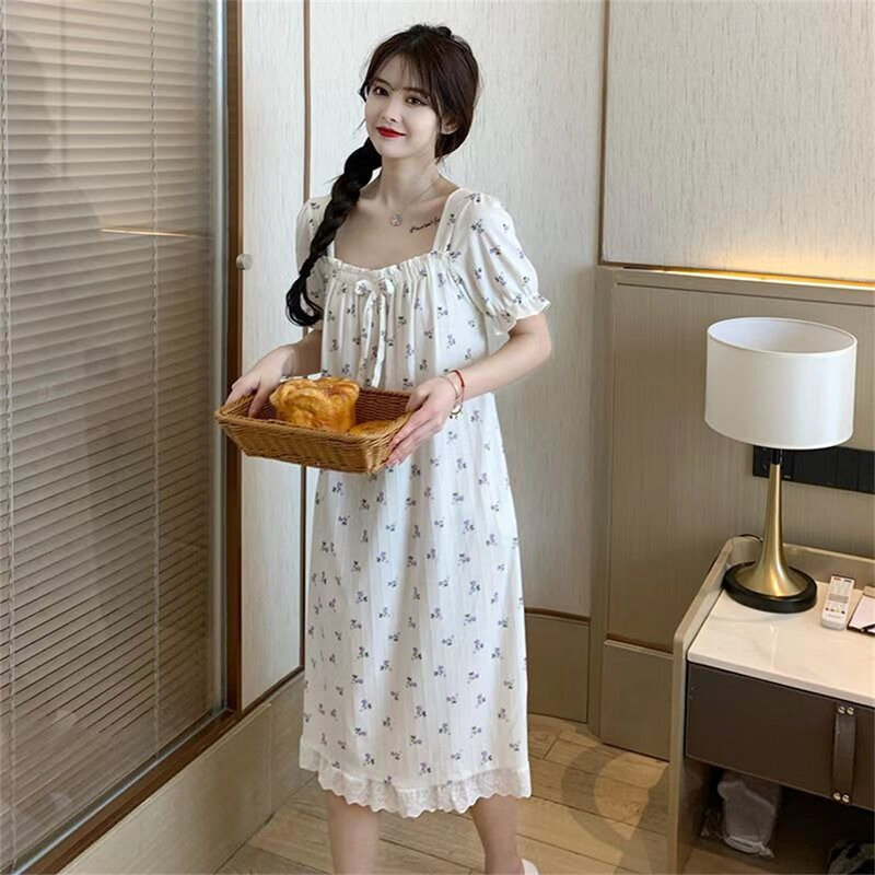 KoreaSweet Lovely Ruffled Thin Square Neck Nightdress Lace Edge Cotton Linen Breathable Short Sleeve Dress Casual Women Home Wea