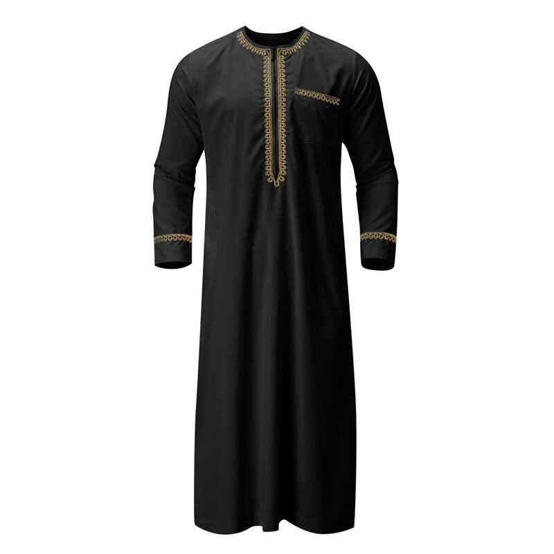 남성 무슬림 로브, 아랍 중간 로브, 긴 소매 자수 포켓, 긴 아바야 셔츠, 기도 무슬림 남성 의류