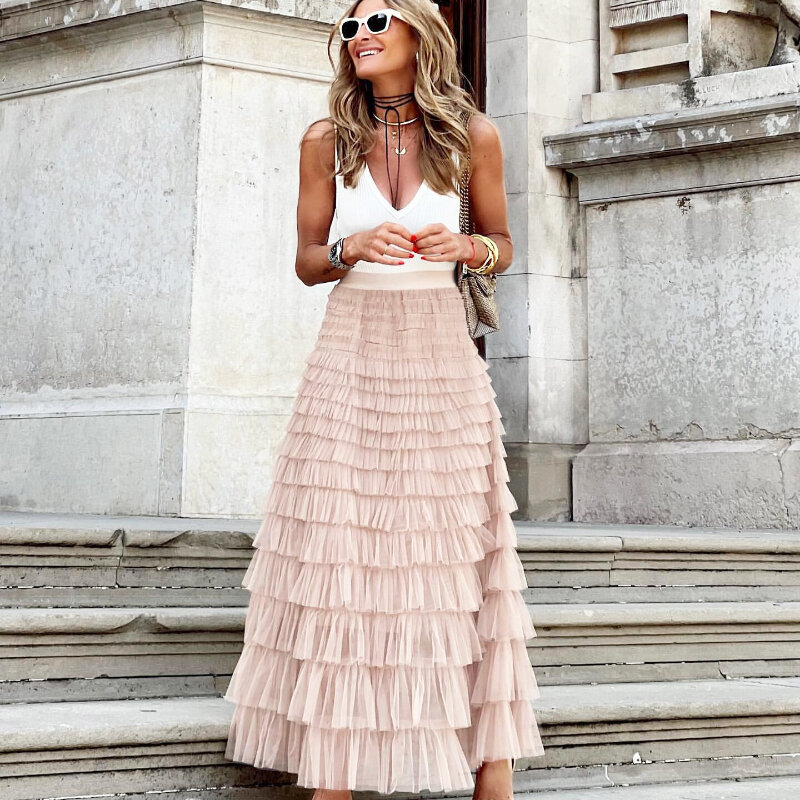 Women Pleated Long Skirts Ruffles Design Elegant Sexy Mesh Lace Loose Skirts Solid Mesh Patchwork Gauze Party Attire Skirt Q875