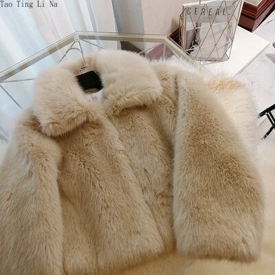 Tao Ting Li Na Women Winter New Small Apricot Lapel Short Loose Thick Warm Faux Fur Coat 18S16