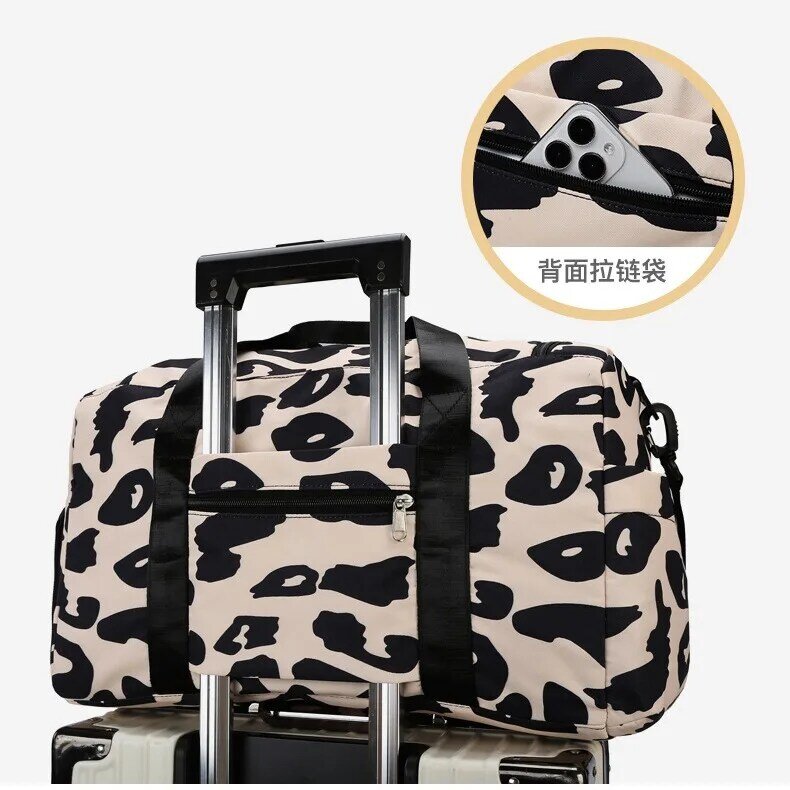New Leopard Pattern Travel Duffle Bag Nylon Large Capacity Sports Gym Bag with Swim Wash Bag Weekend Overnight Luggage Bag