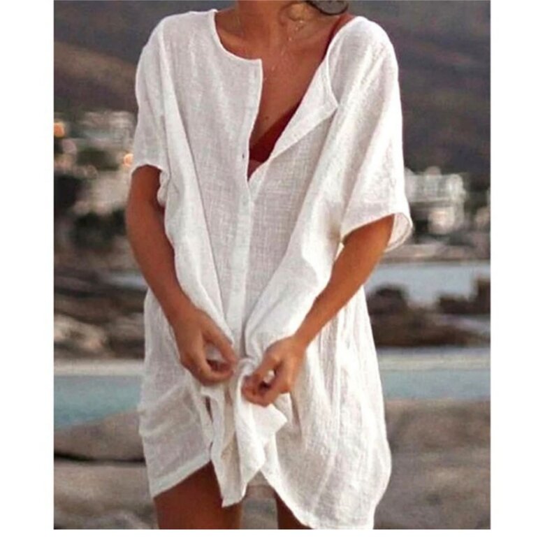 Camisa longa de algodão feminina, top solto sólido de manga curta, roupa de férias praia protetor solar, verão, 2024