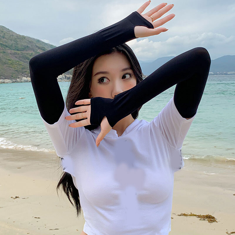 New Women Thin Ice Arm Sleeves Cover Long Driving Gloves Sunscreen Long Section Arm Protection Soild Outdoor Sun Protect Summer