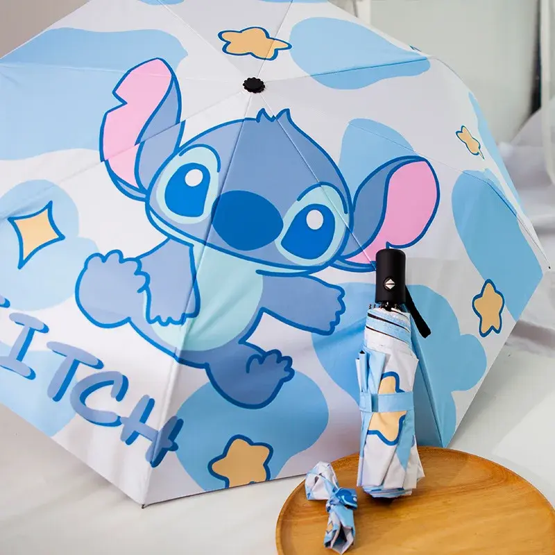 Payung pelindung matahari kartun Lilo & Stitch, payung pelindung UV 3 lipat portabel untuk hadiah anak-anak dan wanita