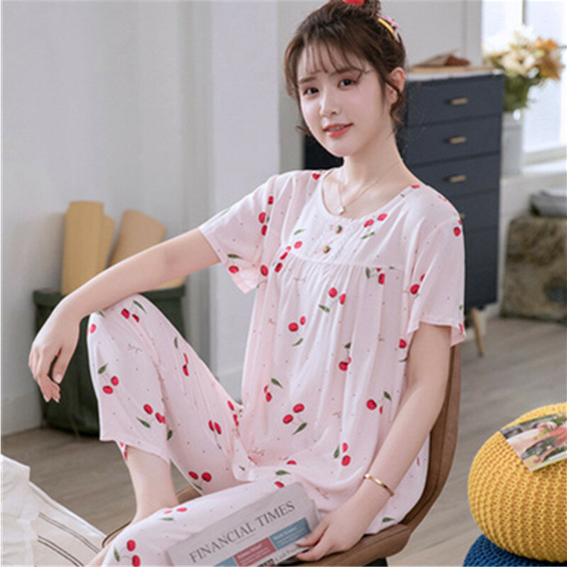 Uhytgf-レディースプリントパジャマパンツ,半袖,家庭用衣類,2点セット,シルク,綿2441
