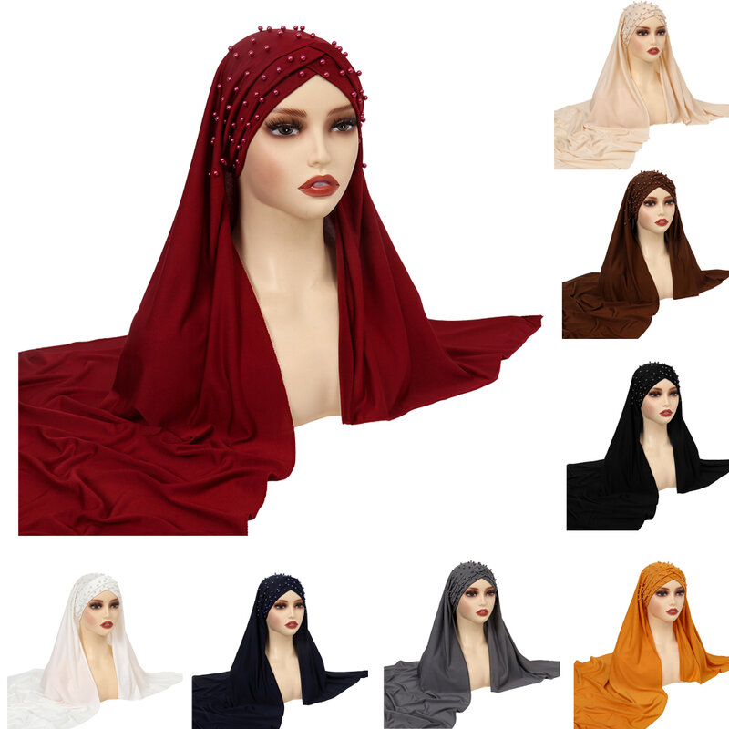 Bufanda musulmana con cuentas cruzadas en la frente para Mujer, pañuelo islámico para la cabeza, Turbante femenino, chales de vendaje