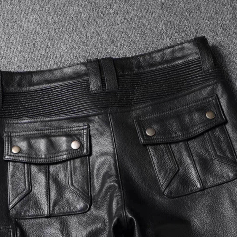 Calça masculina de couro preto, justa, à prova de vento, pode adicionar equipamento de proteção, nova