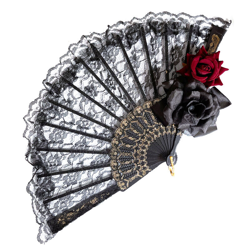Gothic Lolita Retro Lace Hand Fan Vintage Lolita Victorian Baroque Red Rose Fans Halloween Party Props