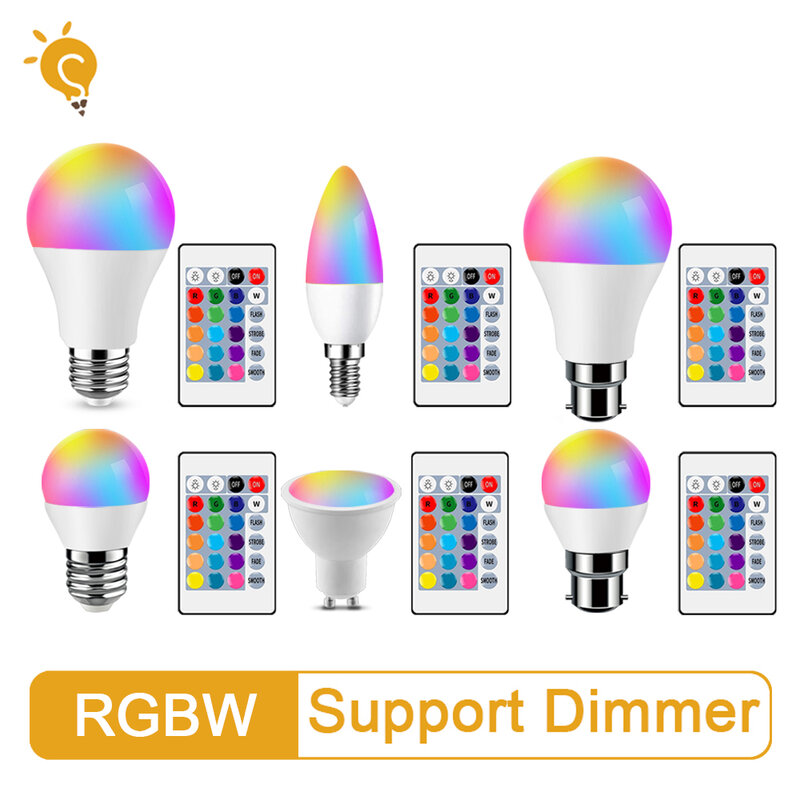 Lâmpada Smart LED RGB Spotlight, Lâmpada para Decoração de Casa, Lâmpada, AC 220-240V, E27, E14, GU10, B22, 6W, 10W, Controle Remoto IR, RGBW