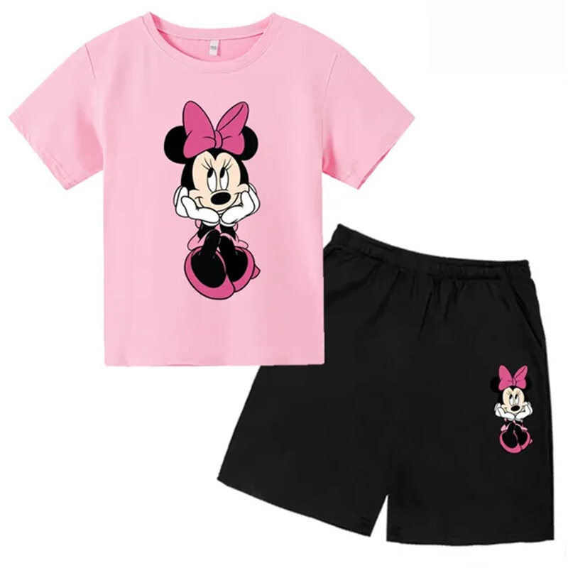 Mickey Mouse kaus + celana anak-anak, kaus leher bulat lengan pendek cocok untuk anak perempuan dan laki-laki 2-12 tahun musim panas