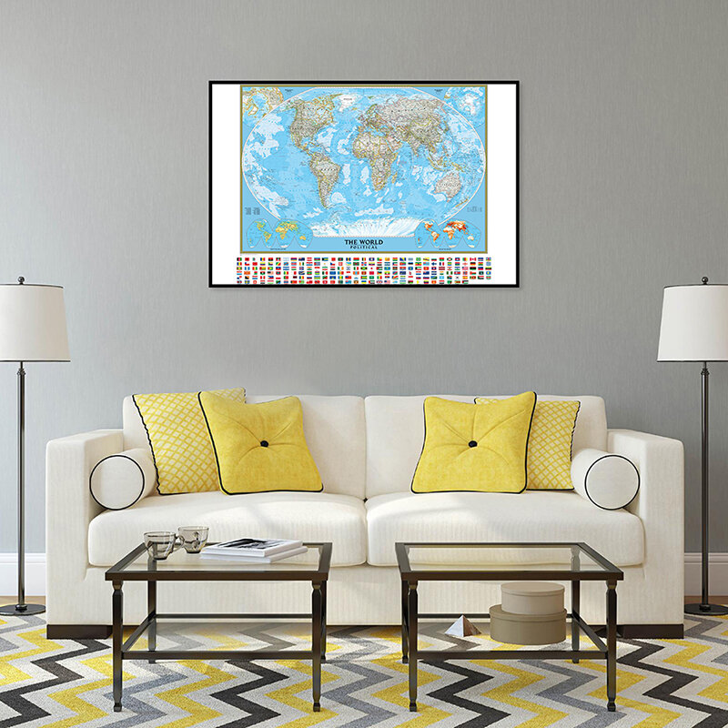 국가 국기가 있는 비 페이드 세계지도 부직포 벽지, 맞춤형 벽 스티커, 세계 지도 포스터 장식, 84x59cm