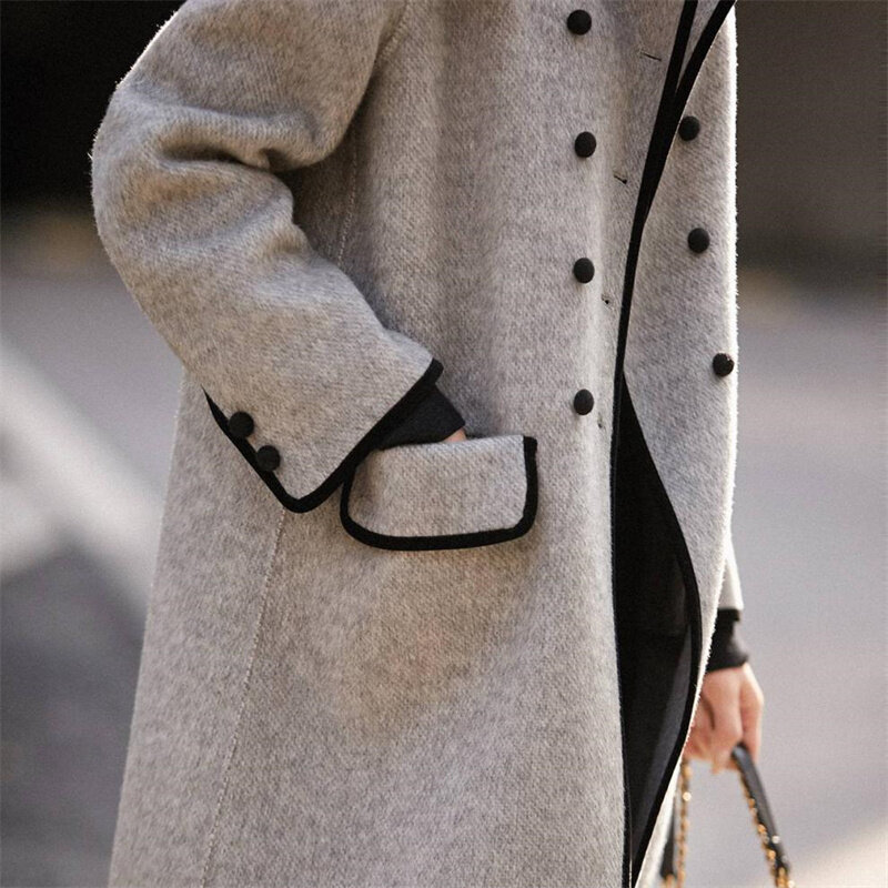 Mantel wol wanita, mantel Wool wanita usia sedang musim gugur musim dingin, kasual ramping Korea, mantel Wool warna kontras