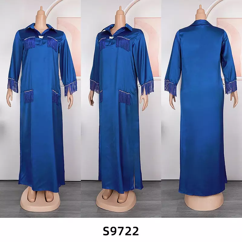 فستان نسائي أفريقي حريري من الساتان مع بروش فراشة ، مريح وفضفاض ، مقاس كبير ، S9722 ، 2023 ، جديد