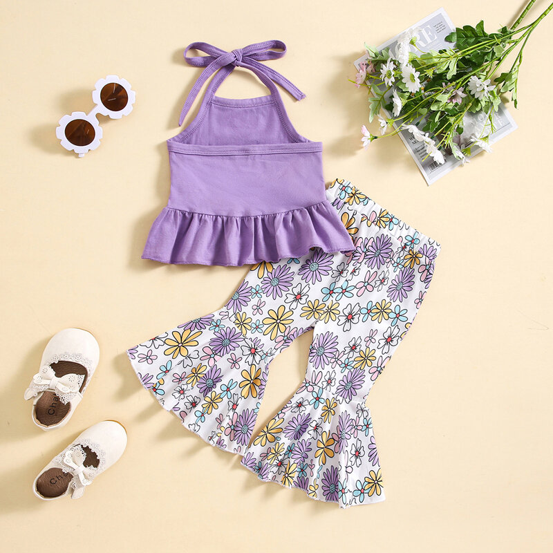 lioraitiin Summer Infant Baby Girls Outfit Halterneck Backless Vest Flower Print Flare Pants Outfit Clothes