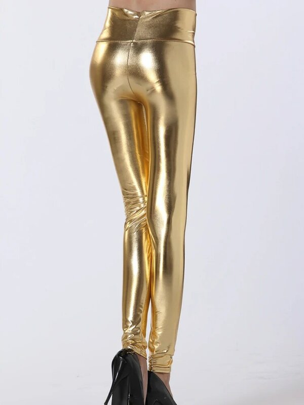 Brilhante sexy leggings mulheres lápis calças de cintura alta leggins estiramento elástico magro moda apertado prata ouro