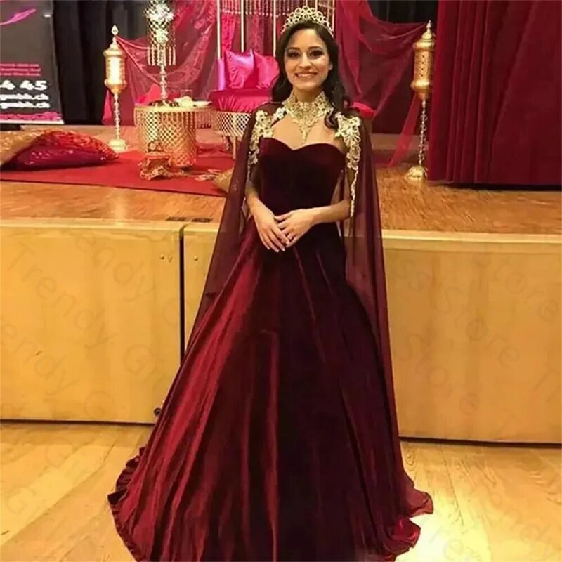 Saudi Arabic Evening Dresses with Chiffon Cape Burgundy Velvet Formal Evening Gown  Prom Party Dresses Wedding Party Dress