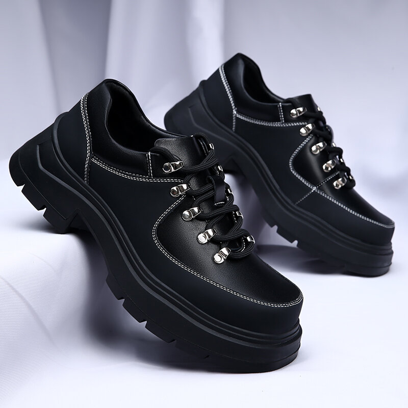 Spring New British Strret Style Black Hombre Daily Dress Leather Height Increasing Shoes For Men's Casual Business Lace-Up
