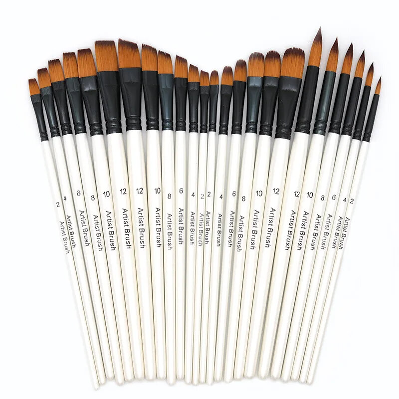 6 Pcs/set Two-tone Nylon Hair Brush Pearl White Wood Pole for Oil Paint for Hair Watercolor Brush for Beginners Art Paint Brush