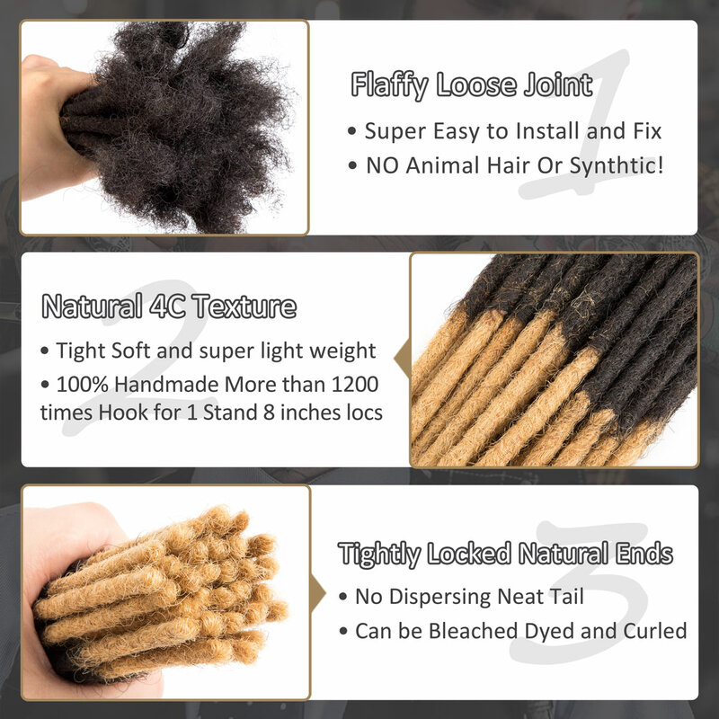 Bleached Tip Human Hair Dreadlock Extension 0.4 0.6 0.8cm Ombre Handmade Permanent Dread Loc Extensions for Men/Women 8 Inch