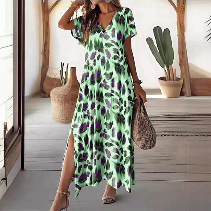 2024 New Summer Elegant Fashion Loose Casual Sexy Women's Clothing Sweet Irregular Print Polyester V Neck Oversized Y2K Dresses