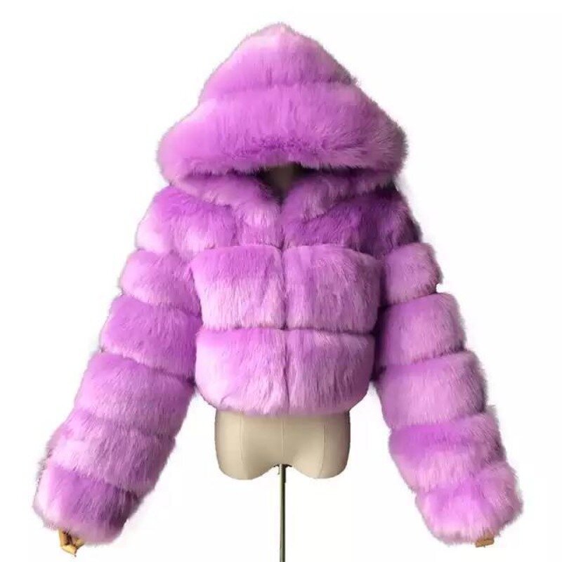 Mantel bulu palsu wanita, atasan berkerudung tebal hangat warna polos kasual musim dingin 2023