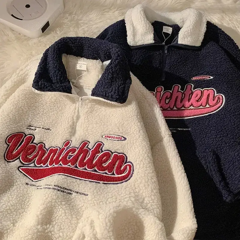 Vintage wełna jagnięca bluza damska haftowana litera bluzy zimowy ciepły płaszcz polarowy moda damska ponadgabarytowy Baseball Streetwear