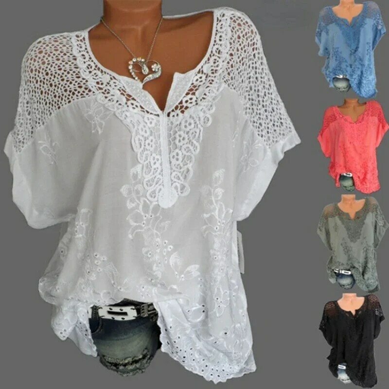 Женская блузка с коротким рукавом, белая кружевная рубашка составного кроя, свободного покроя, повседневная одежда, размеры 4xl, 5xl, 6xl, лето 2023
