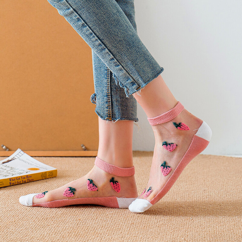 5 Pairs Women Cute Casual Ankle Socks Harajuku Kawaii Cartoon Strawberry Bear Crystal Silk Transparent Elastic Short Lace Socks