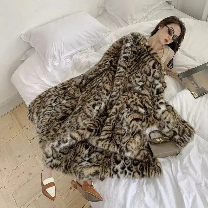 Casaco de pele com estampa de leopardo falso para mulheres com renda para cima, joelho longo, ambientalmente amigável, outono e inverno