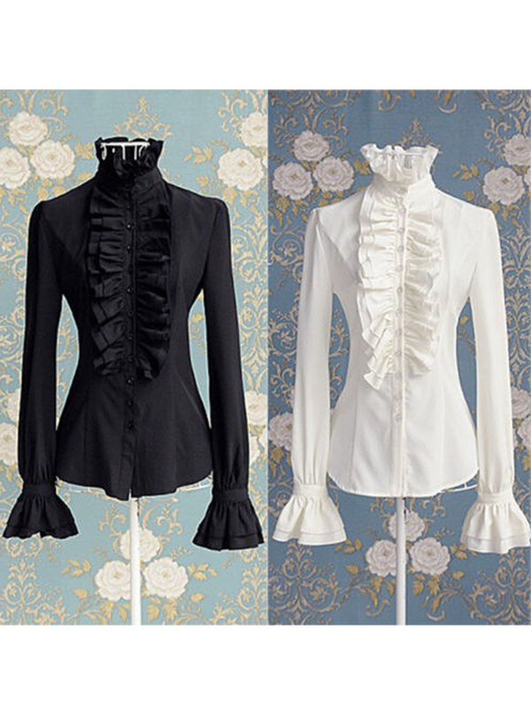 Модные викторианские женские топы с оборками и длинным рукавом, однотонная офисная рубашка с оборками, офисная блузка с оборками и высоким воротником, Осенние Топы