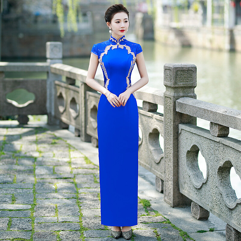 Cheongsam bordado manga curta feminina, vestido cetim, vestido de festa de baile, tradicional chinês, vintage, divisão alta