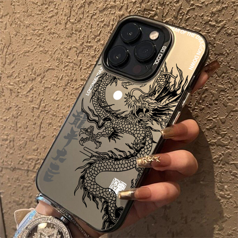 Luxury Dragon Totem Anti-drop Armour Case For iPhone 15 Pro Max 15 14 13 12 11 Pro XR XS 7 8 Plus Lens protect plating Cover